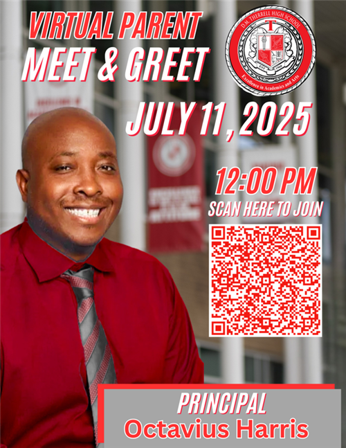 Virtual Principal's Meet and Greet for parents and students scheduled for July 11, 2025 at 12:00pm. Scan the QR code to join.